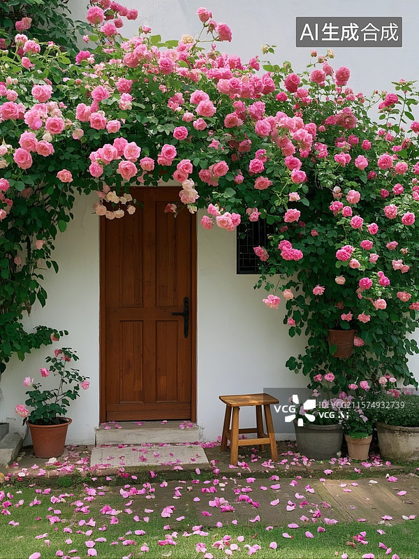 【AI数字艺术】田园风，白墙，木门，蔷薇花像瀑布一样覆盖在墙上，地上铺了厚厚的掉落的花瓣，意境唯美图片素材