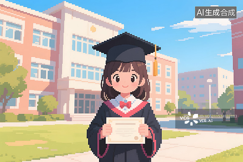 【AI数字艺术】女生身着学士服手持毕业证书站在校园前图片素材