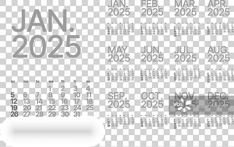 2025年日历，月份从星期天开始图片素材