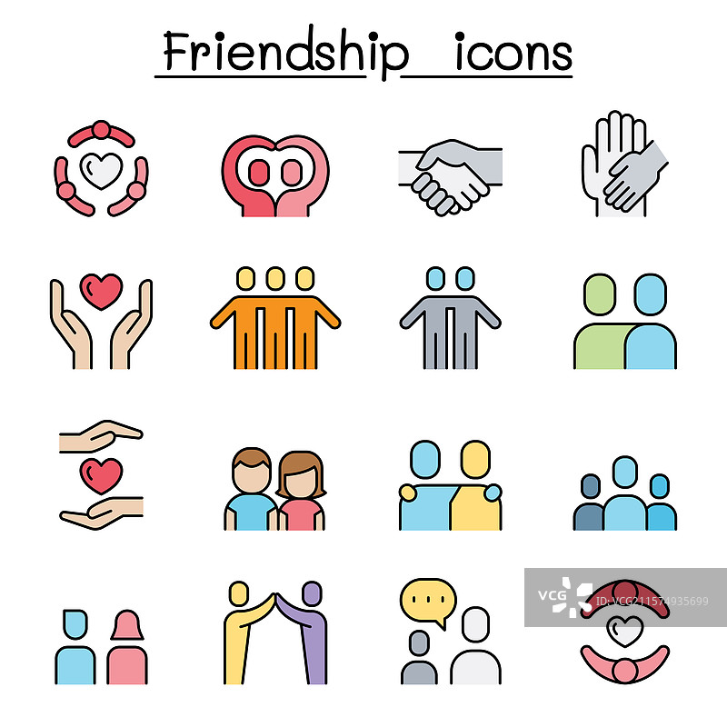 彩色线条风格的关怀与友谊图标集图片素材