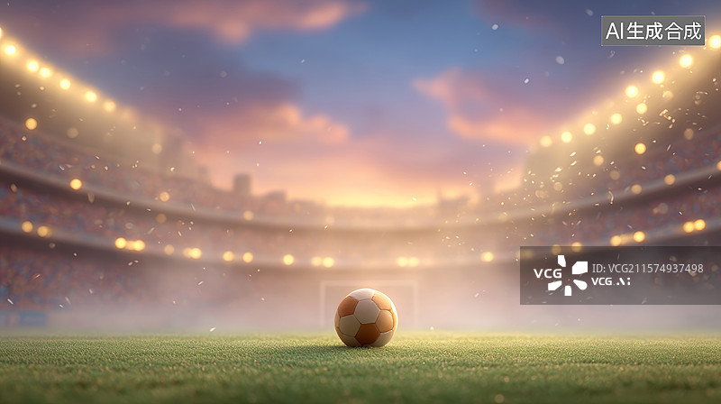 【AI数字艺术】宽阔的足球场灯光和草地上的足球图片素材