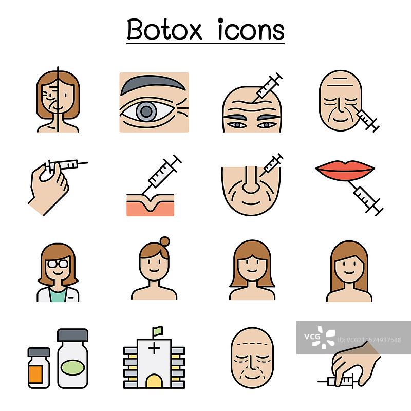 抗衰老肉毒杆菌图标集，彩线风格图片素材