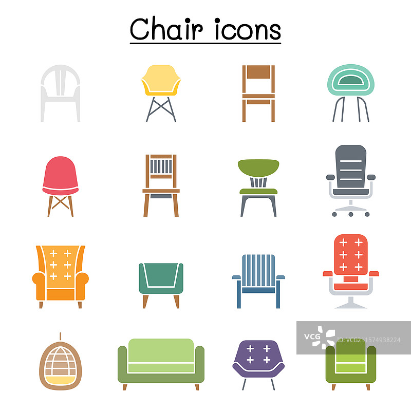 平面图标集中正面视角的椅子和沙发图片素材