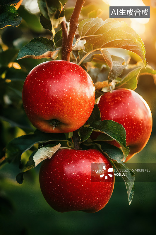 【AI数字艺术】傍晚，阳光照射在果园的苹果树上图片素材