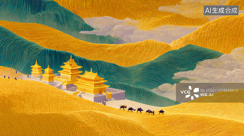 【AI数字艺术】金色沙漠塞外城楼和骆驼队图片素材