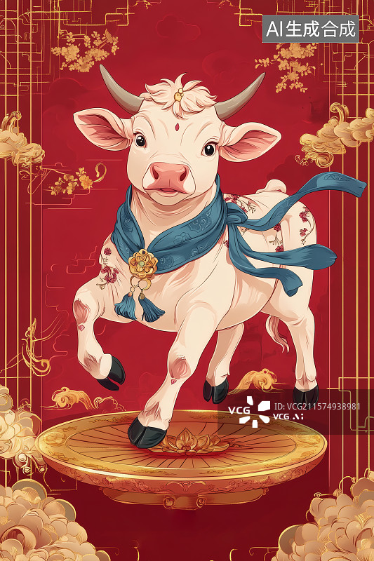 【AI数字艺术】国潮风，舞台上的一只开心到蹦起来的牛图片素材