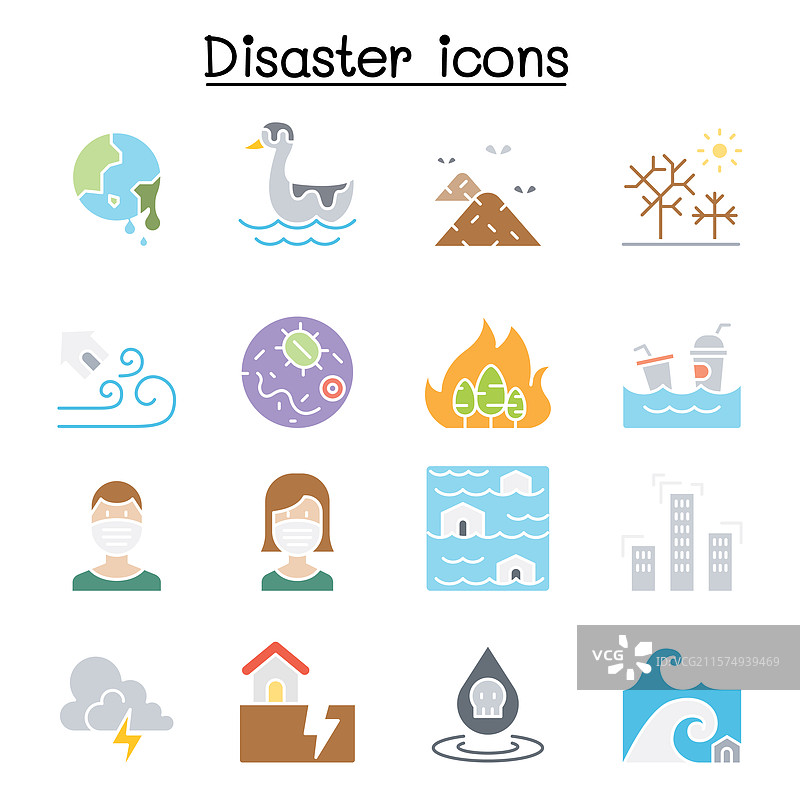 灾难污染图标集，扁平色彩风格图片素材