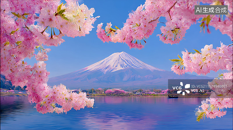 【AI数字艺术】粉色樱花和富士山图片素材