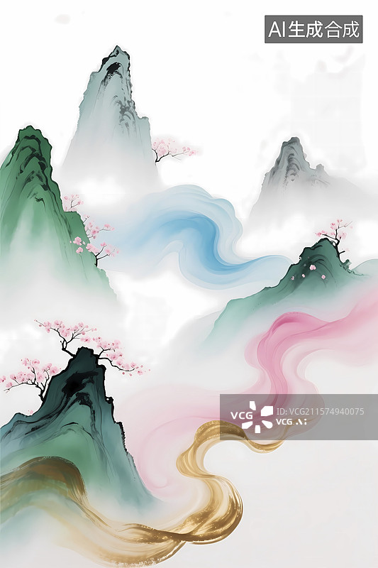【AI数字艺术】彩云仙山国风山水水墨画图片素材