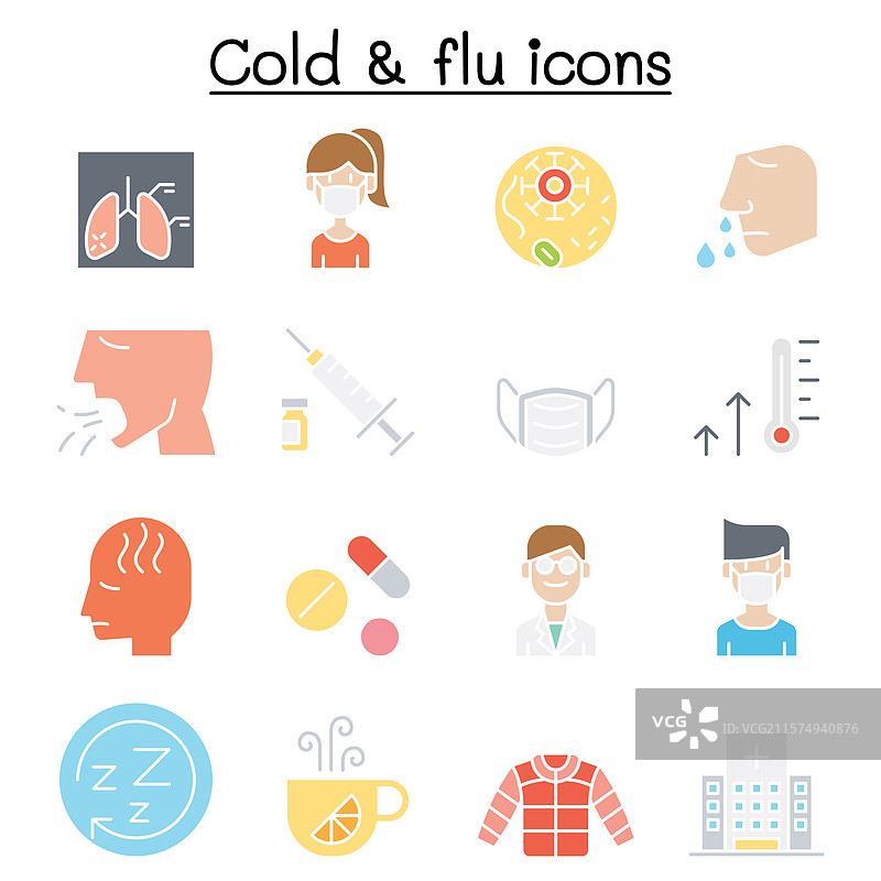 感冒、流感、过敏和生病图标集，采用扁平化色彩设计图片素材