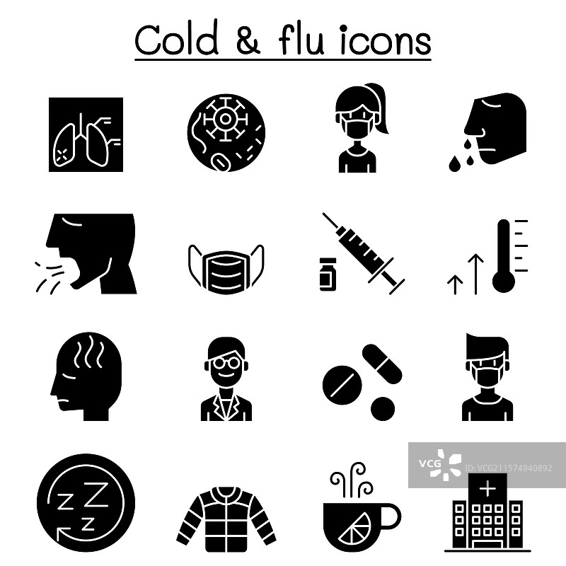 感冒、流感、过敏和生病的图标集（字形风格）图片素材