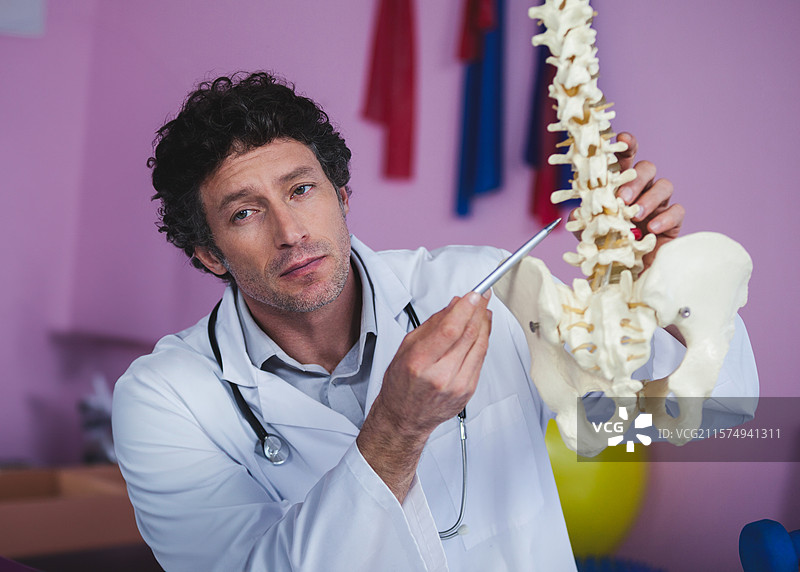 医生在粉色治疗室用指示棒指向脊柱，旁边有胶带条和黄色健身球。图片素材