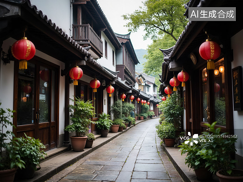 【AI数字艺术】喜庆红灯笼点缀古朴小巷图片素材