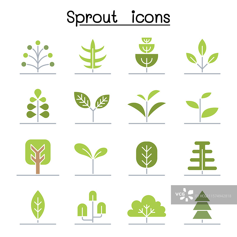扁平色彩风格的芽图标集图片素材