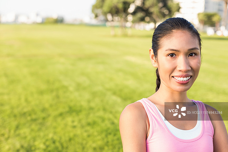 绿色草地延伸至远处的树木和城市天际线，天空晴朗。图片素材