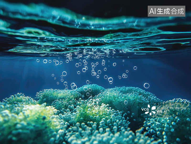 【AI数字艺术】深海蓝藻天然氧气绿洲水下视角的生物发光蓝藻空调家电中央空调广告高级美感素材商业背景洁氧湿温静氧气微泡图片素材