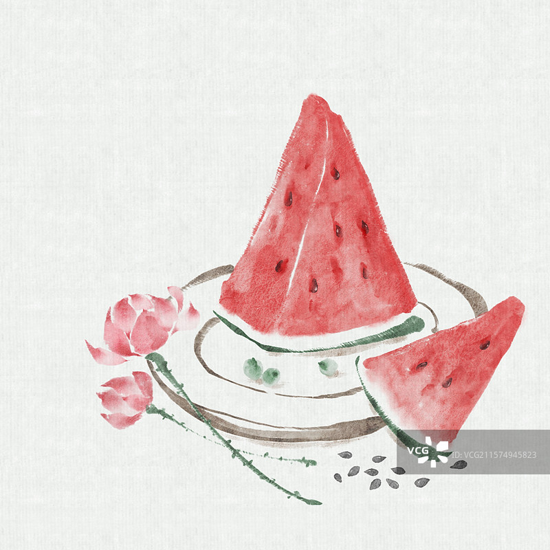 水墨风西瓜与荷花插画图片素材