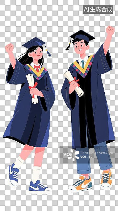 【AI数字艺术】两个穿着学士服的女性和男性手拿证书，举起手庆祝毕业图片素材