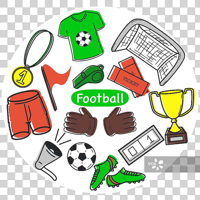 足球物品涂鸦套装，包括T恤和短裤图片素材
