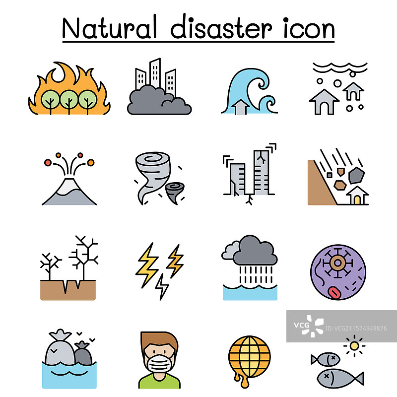 彩色线条风格的灾难图标集图片素材