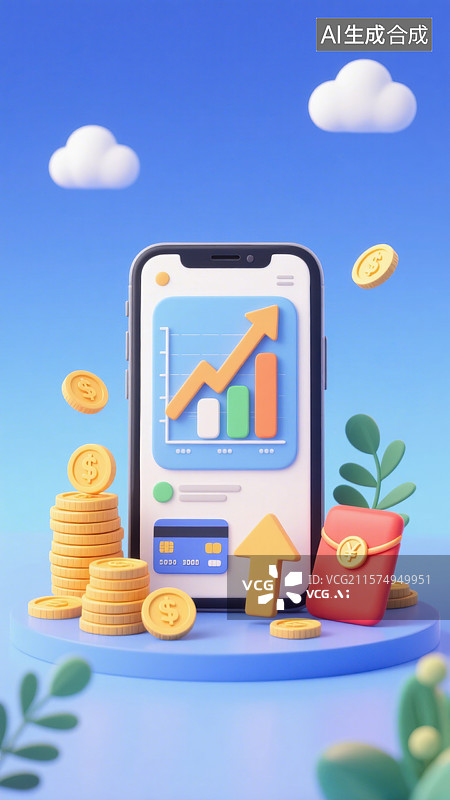 【AI数字艺术】3D手机购物金融投资理财储蓄柱状图数据分析金币主题图片素材