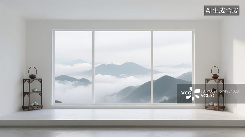 【AI数字艺术】简约室内空间与窗外山雾景色图片素材