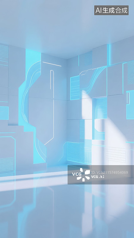 【AI数字艺术】未来感蓝色光影室内设计图片素材