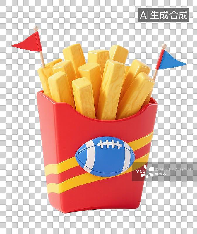 【AI数字艺术】3D三维薯条美式足球橄榄球红色纸盒里PNG免扣元素图片素材