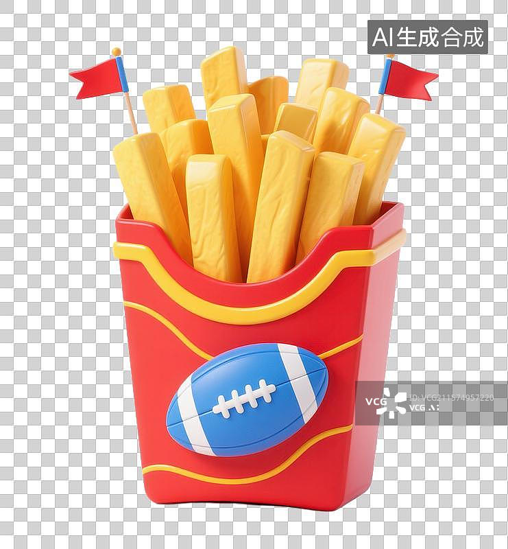 【AI数字艺术】3D三维薯条美式足球橄榄球红色纸盒里PNG免扣元素图片素材