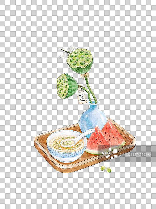 托盘上的西瓜和莲蓬夏天插画元素图片素材