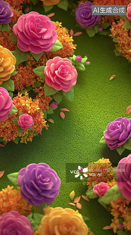 【AI数字艺术】夏天姹紫嫣红的月季玫瑰蔷薇3D卡通立体背景插画图片素材