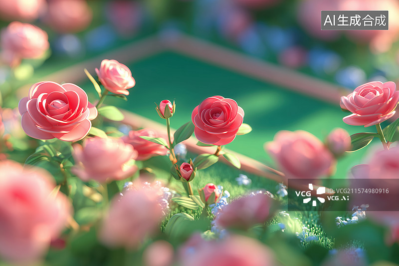 【AI数字艺术】夏天姹紫嫣红的月季玫瑰蔷薇3D卡通立体背景插画图片素材