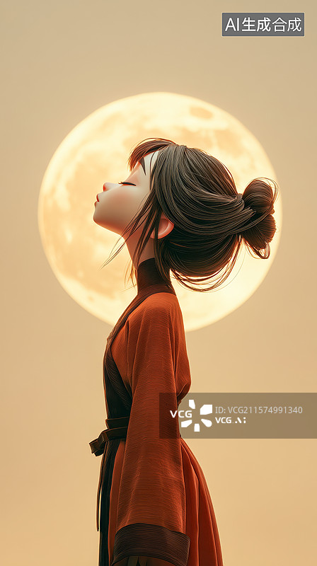 【AI数字艺术】美丽的少女在月下仰头侧脸图片素材