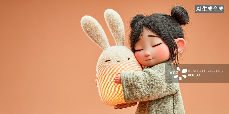 【AI数字艺术】可爱的小女孩抱着兔子玩偶图片素材
