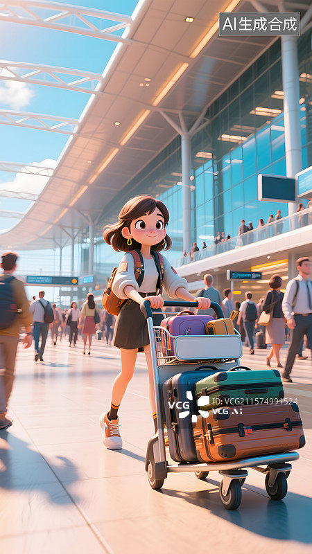 【AI数字艺术】3D卡通女孩机场电商场景图片素材
