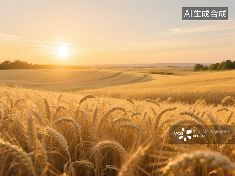 【AI数字艺术】夕阳下的金黄麦田图片素材