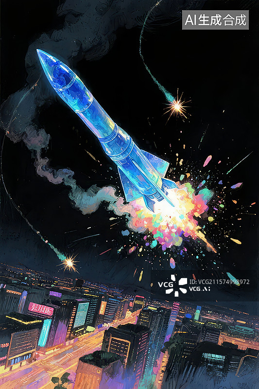 【AI数字艺术】火箭发射与城市夜景图片素材