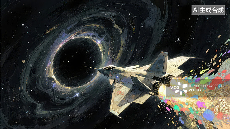 【AI数字艺术】战斗机穿越黑洞的艺术插画图片素材