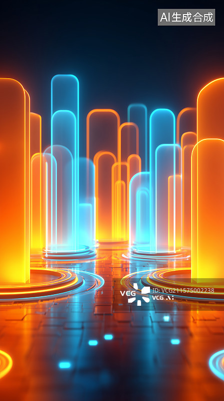 【AI数字艺术】霓虹灯柱构成的未来科技通道图片素材