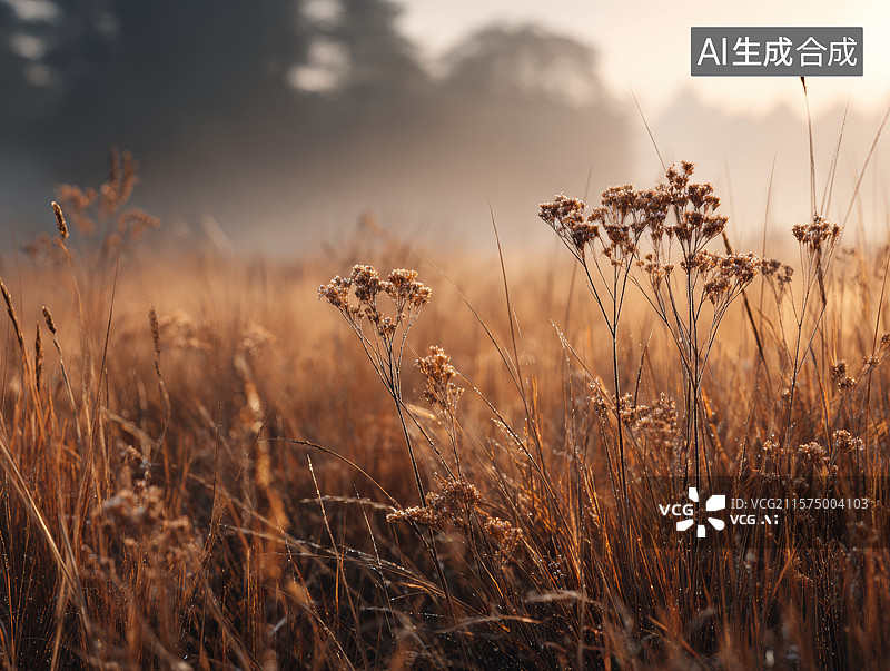 【AI数字艺术】秋季干枯植物在晨雾中静立图片素材