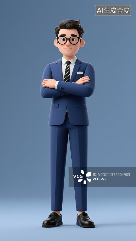 【AI数字艺术】戴着黑框眼镜穿着深蓝色西装正装双臂交叉站着的卡通男性商务人士图片素材