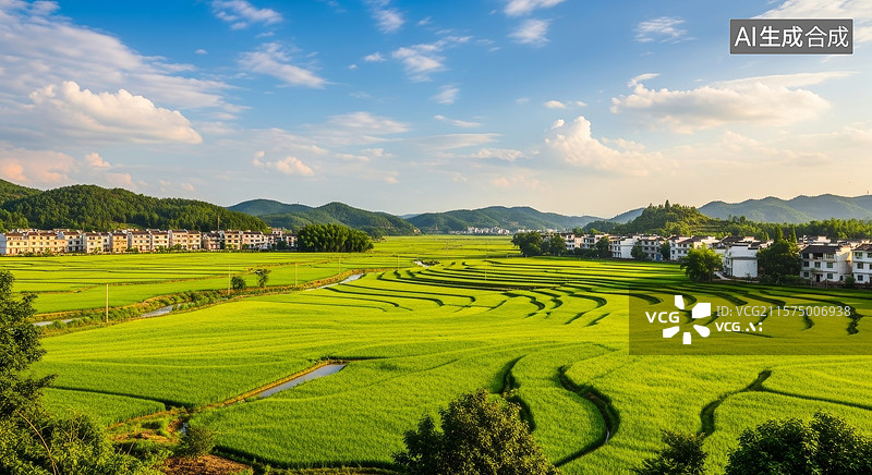 【AI数字艺术】绿色稻田与乡村风光图片素材