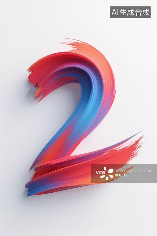 【AI数字艺术】白色背景下的3D立体红蓝渐变油墨笔触数字2图片素材