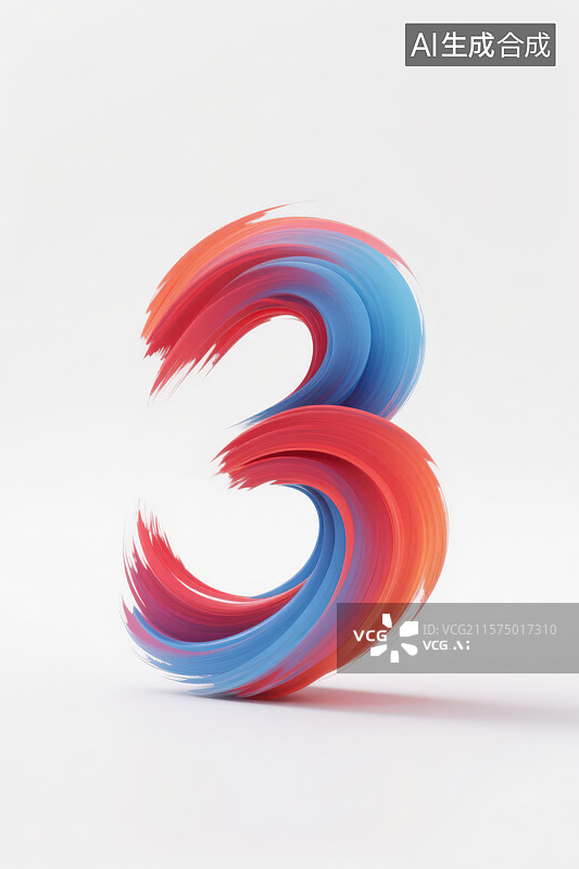 【AI数字艺术】白色背景下的3D立体红蓝渐变油墨笔触数字3图片素材