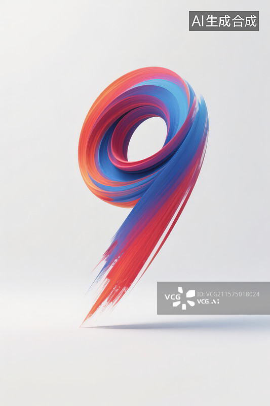 【AI数字艺术】白色背景下的3D立体红蓝渐变油墨笔触数字9图片素材