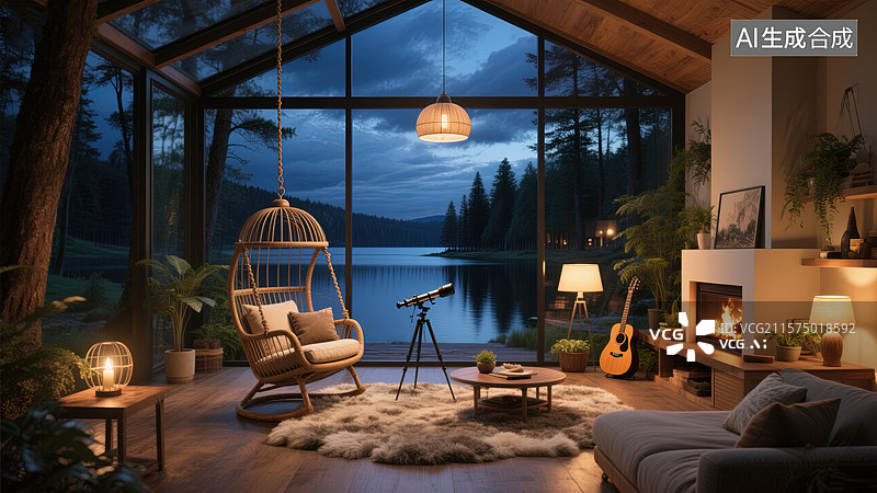 【AI数字艺术】湖畔小屋的静谧之夜图片素材