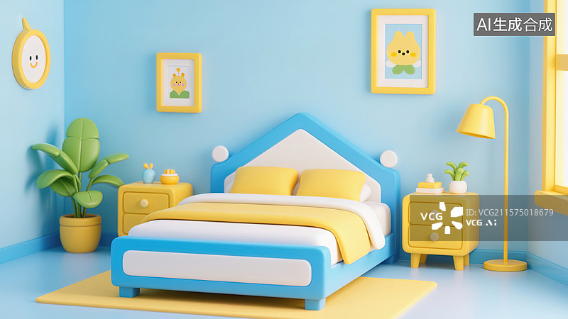 【AI数字艺术】卡通风儿童卧室图片素材