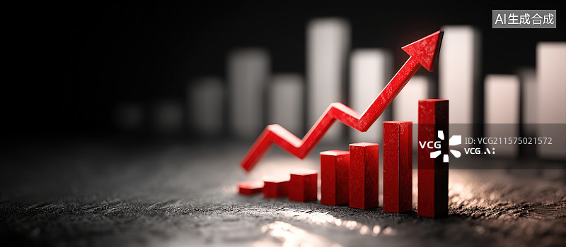 【AI数字艺术】向上箭头和上涨的红色柱状图，金融投资理财储蓄概念插画背景图片素材