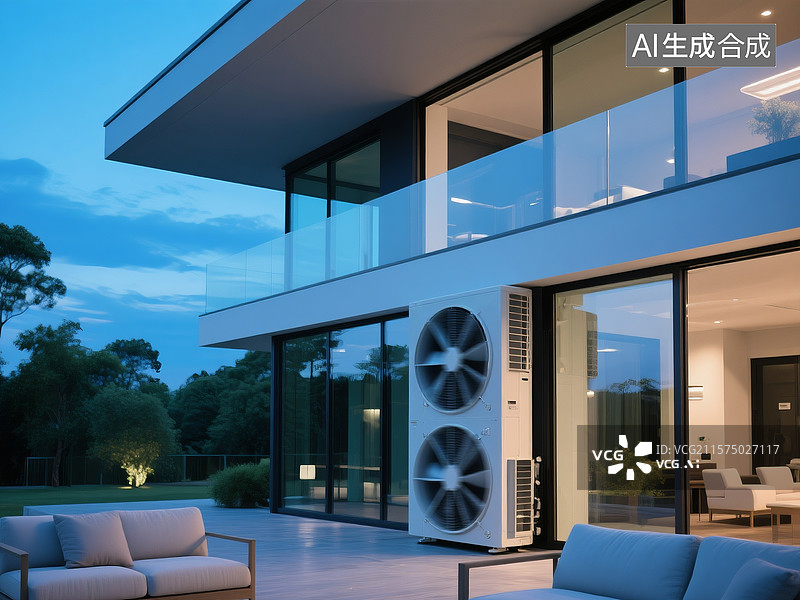【AI数字艺术】现代风格户外房屋与悬挂在墙壁上的空调外机图片素材