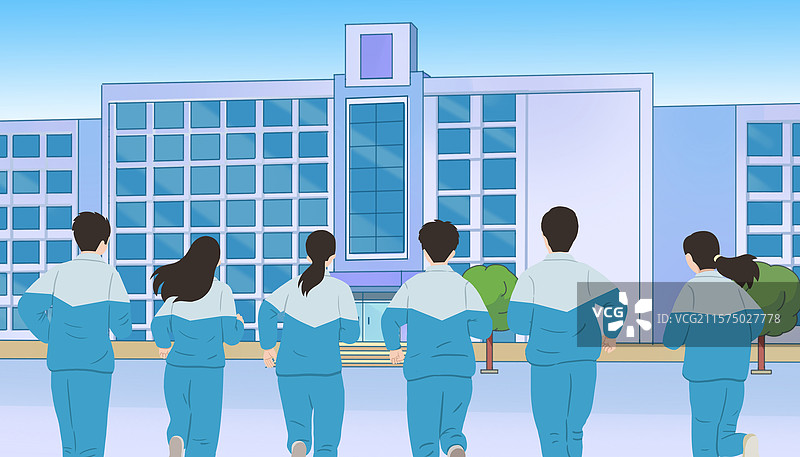 夏天夏季中学生高中生毕业季走出校门教学楼操场跑步庆祝欢乐操场照相留念纪念插画图片素材